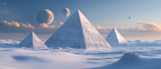A snowy landscape with three pyramids and a few other objects in the sky