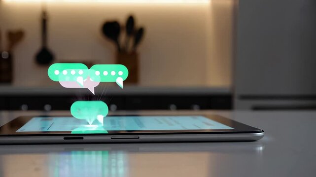 Digital messages floating over tablet screen, symbolizing constant communication and information overload happening in contemporary home kitchen environment