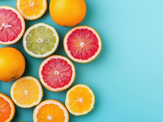 Fototapeta premium Simple and clean flat lay of fresh citrus fruits cut in half, highlighting vibrant colors and organic textures