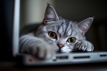 Silver tabby cat lying on a laptop keyboard high resolution photo