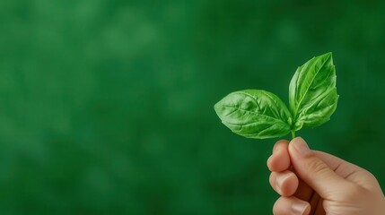 Hand holding a fresh basil leaf with a blurred neutral background, simplicity in plantbased lifestyle, organic purity