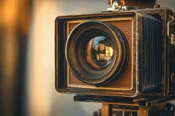 Close-up of a vintage camera lens, showcasing its intricate details and aged aesthetic.