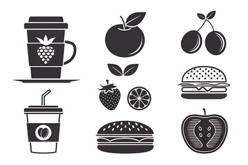 Simple black and white food and drink icons coffee burgers apples strawberries cherries and more Stylish minimalist