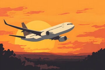 Simple flat vector illustration of an airplane flying at sunset high resolution photo