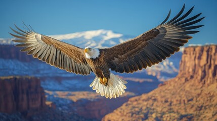 Fototapeta premium A majestic eagle flying over a canyon, wide wingspan, clear blue sky, serene and powerful wildlife scene