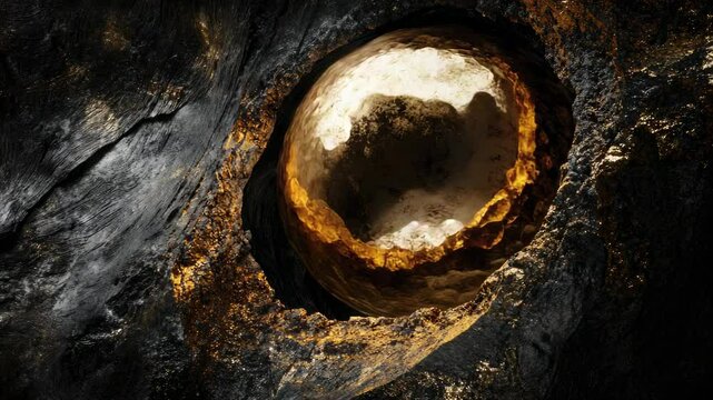 Impressive volcanic crater at night, filled with molten lava and surrounded by dark rocks. The heat glow from the depth of the caldera illuminates the landscape.