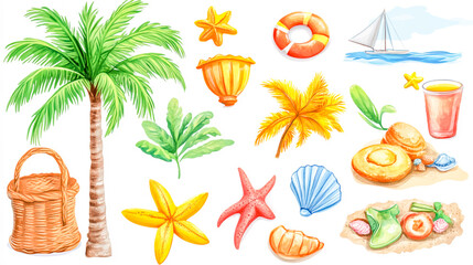 Obraz premium Vacation beach clipart set with sunny palm and sea