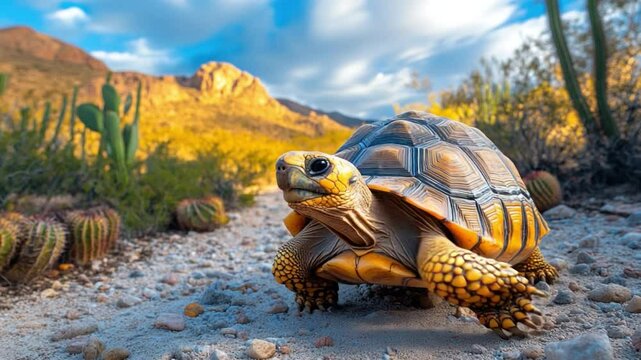 A bold, yellow-footed tortoise, its shell a mosaic of textures, navigates the rocky landscape.