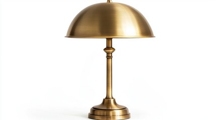 Brass table lamp with dome-shaped shade on white background.