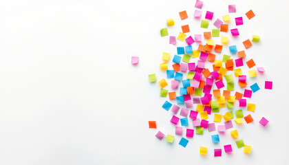 Colorful sticky notes scattered minimalist white surface create vibrant and playful atmosphere