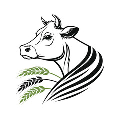 Elegant Cow Head with Wheat and Grass Vector Illustration