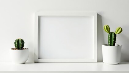 Fototapeta premium White desk, picture frame mockup, cactus, clean background, product, simple