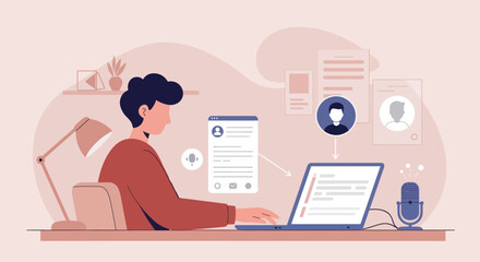 Naklejka premium Person Working at Desk with Lamp and Microphone Icon, Minimalist Illustration