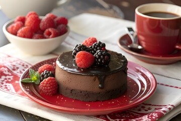 Decadent Chocolate Cake with Ganache and Berries on Red Plate - Cozy Caf&eacute; Dessert Photography