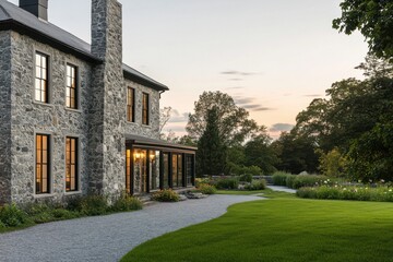 Obraz premium A stunning stone house featuring expansive windows stands majestically against a peaceful sunset backdrop, surrounded by a lush garden illuminated in the soft, magical light of twilight
