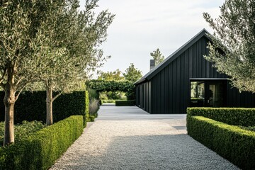 Fototapeta premium A sleek black modern house stands elegantly amidst meticulously trimmed hedges and lush olive trees, basking in a bright and sunny outdoor environment