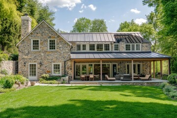Obraz premium A stunning stone house, featuring a contemporary design, is beautifully showcased amidst a vibrant green garden on a bright, sunny day, embraced by tall trees
