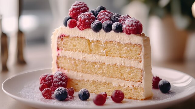 A close-up of a delicious slice of cake with creamy frosting, fresh berries on top, mouthwatering dessert shot