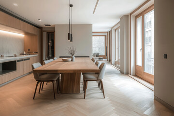 Fototapeta premium Modern dining room with herringbone wooden table, matching chairs, and natural light creating an elegant and inviting atmosphere