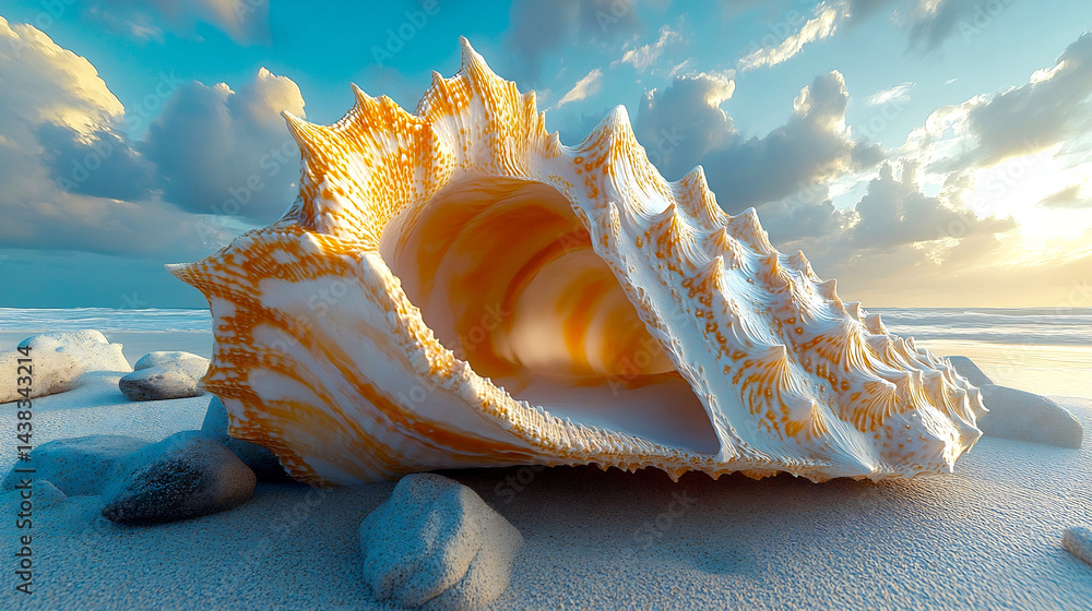 Aufkleber Beautiful seashell with intricate patterns resting on sandy beach with ocean waves and clouds in the backdrop : Generative AI