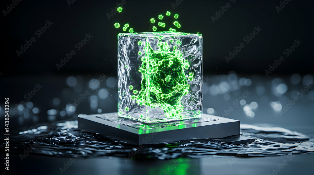 Poster a glowing green virus encased in a translucent cube on a black platform. the cube sits in water drop