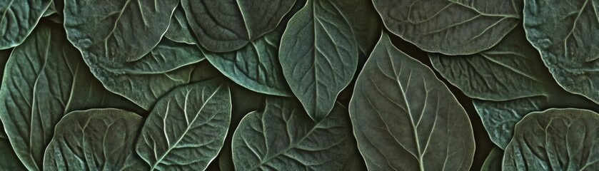 Naklejka premium Dark green leaves background texture. Close-up of many leaves arranged neatly. The color palette is deep and rich.