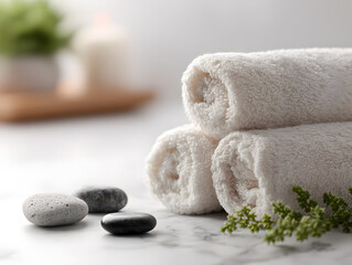 Soft white towels SPA letters in it arranged elegantly with stones and greenery in a serene spa setting in SPA hotel of SPA salon