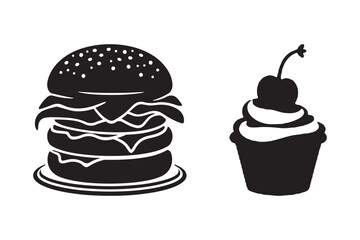 Burger and Cupcake Silhouette Vector Fast Food and Dessert Icon Art
