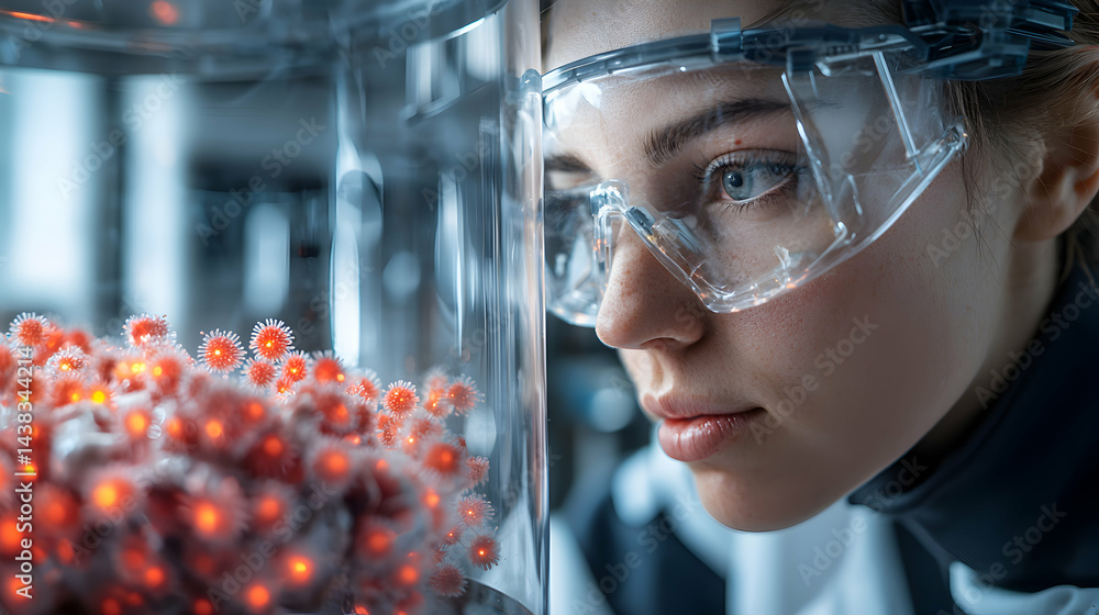 Poster a scientist observes a sample of viruses. this image is suitable for science education promoting res