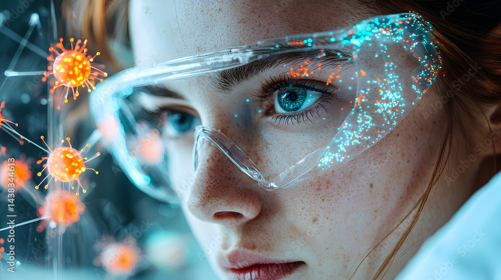 Poster a scientist with glowing goggles observes microscopic viruses. it could be used to create medical re