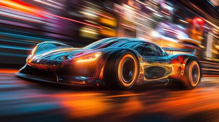 Obraz premium A futuristic car racing on a neon-lit track, high-speed motion, glowing lights, cyberpunk city in the background