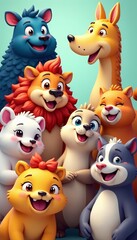 Naklejka premium Collection of various happy and playful cartoon animal characters in a row, happy, different, diverse