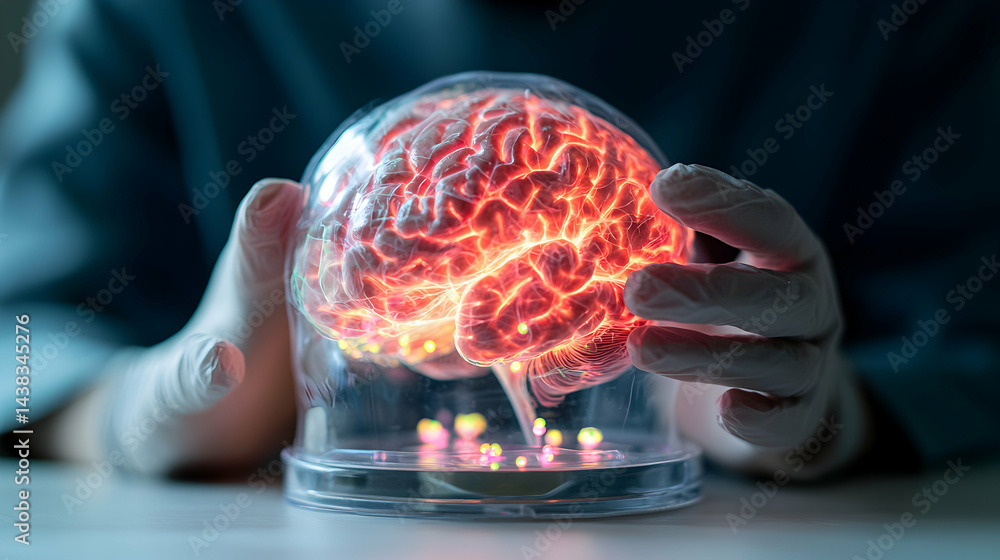 Poster a glowing brain model is held in a glass container by gloved hands. it can represent advanced neuros