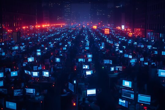 Vast nocturnal gathering of people working on computers