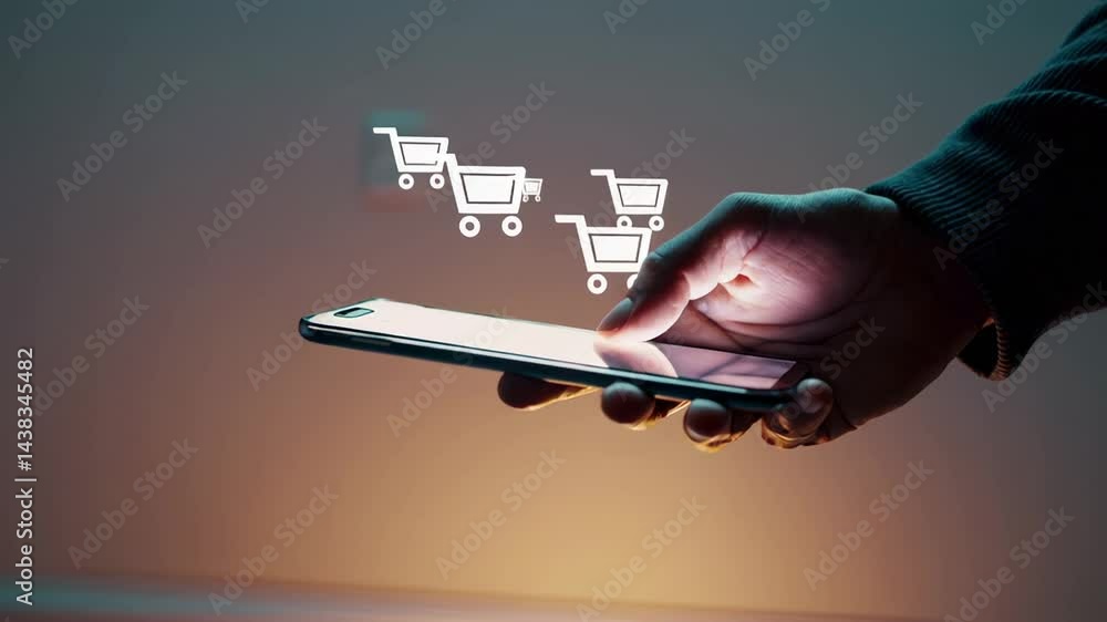 Poster fingers navigating digital marketplace, swiping smartphone screen, systematically selecting online s