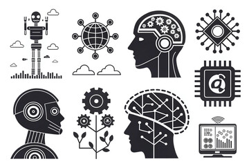 Obraz premium AI technology icons robots brains microchips global network futuristic design simple style black and white illustration