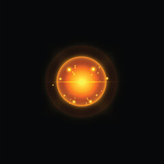 a bright yellow sun in the center of a black background, radiating a bright orange glow.