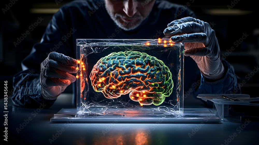 Aufkleber a scientist examines a glowing brain inside a glass case. this image could be used for scientific ar
