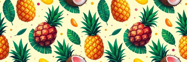 Colorful seamless pattern with tropical fruits like pineapple, mango, and coconut, vibrant, healthy, vector