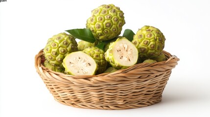 Obraz premium Fresh Noni fruits in basket, white background, healthy food