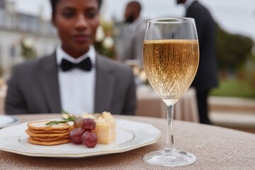 Obraz premium Elegant table with dessert and champagne glass held by man in tuxedo during upscale event under daylight for refined celebration and lifestyle setting
