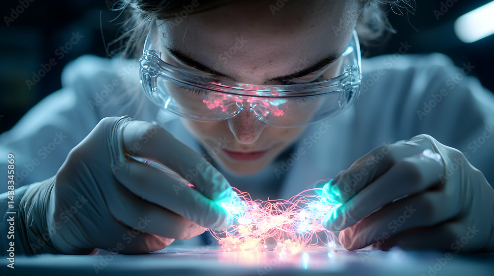 Aufkleber scientist examining glowing strands with goggles on in a lab setting. suggests research in nanotechn