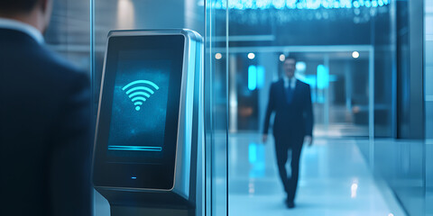 Businessman standing in smart office with digital hologram interface, future technology.
