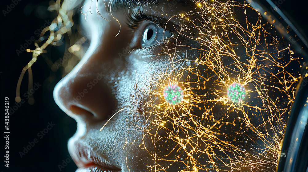 Aufkleber a futuristic image of a person with glowing neural network structures superimposed on their face. su