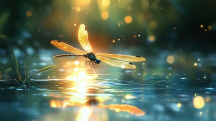 A digital painting of a dragonfly hovering over a serene pond, glowing soft light, tranquil nature setting