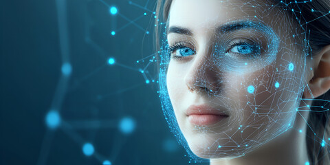 Woman's face with facial recognition technology interface, biometric scan.