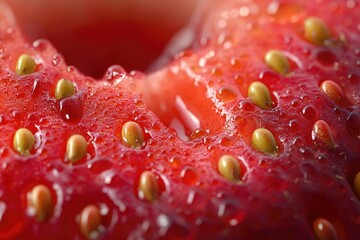 Close-up of a juicy strawberry, glistening with water droplets, showcasing its vibrant red color and texture.