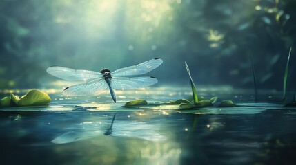 A digital painting of a dragonfly hovering over a serene pond, glowing soft light, tranquil nature setting
