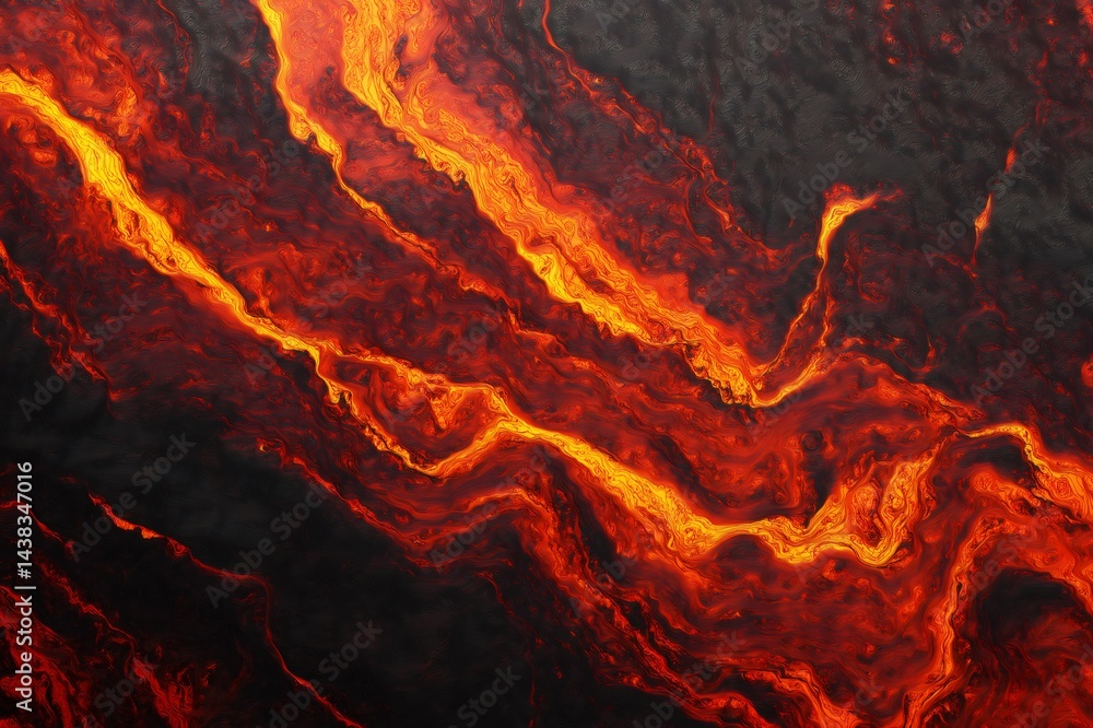 Poster glowing red and orange veins of lava flow across a dark, textured surface, creating a mesmerizing an