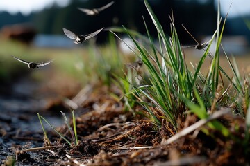 A dynamic scene capturing multiple birds in mid-flight above lush green grass, illustrating the beauty of nature in motion against a peaceful backdrop.